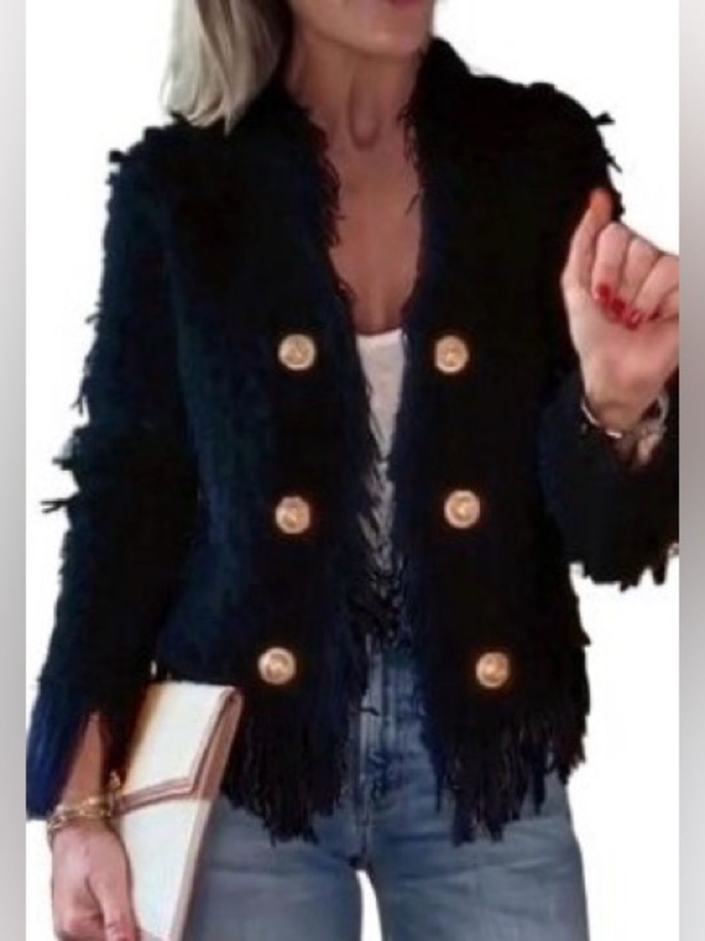 Fringed Textured Double-Breasted Jacket - Black